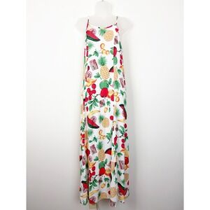 Citron Santa Monica VTG Tropical Fruit Print Maxi Slip Dress White Sz S Hawaiian